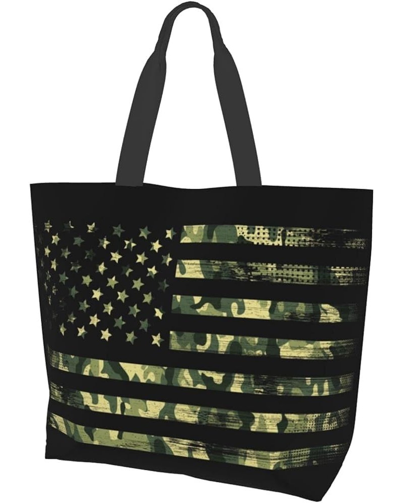 3d Blue Wolf Tote Shoulder Bags Handbags Tote Bags Zipper Shopper Bag Canvas Tote Bag For Women American Flag With Green Camo...