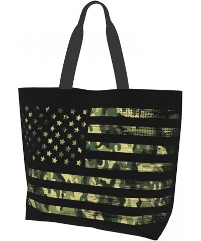 3d Blue Wolf Tote Shoulder Bags Handbags Tote Bags Zipper Shopper Bag Canvas Tote Bag For Women American Flag With Green Camo...