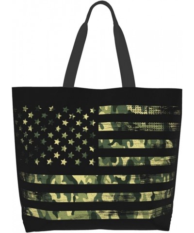 3d Blue Wolf Tote Shoulder Bags Handbags Tote Bags Zipper Shopper Bag Canvas Tote Bag For Women American Flag With Green Camo...