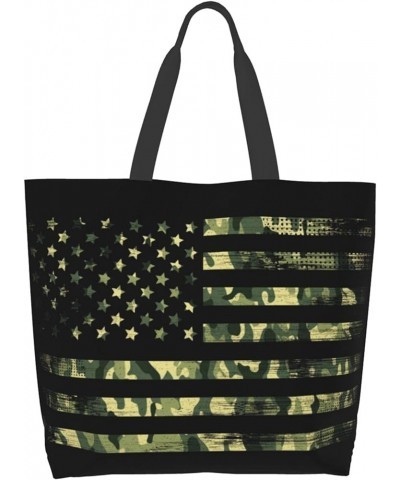 3d Blue Wolf Tote Shoulder Bags Handbags Tote Bags Zipper Shopper Bag Canvas Tote Bag For Women American Flag With Green Camo...