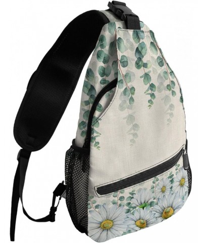 Sling Bag Crossbody Sling Backpack Farmhouse White Daisy Eucalyptus Leaves Linen Waterproof Chest Bag Daypack Shoulder Bag fo...