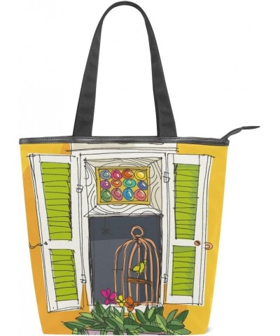 Tote Canvas Shoulder Bag Doodle Window Flower Bird Womens Handbag $10.56 Shoulder Bags