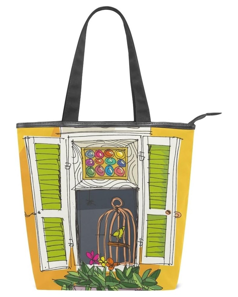 Tote Canvas Shoulder Bag Doodle Window Flower Bird Womens Handbag $10.56 Shoulder Bags