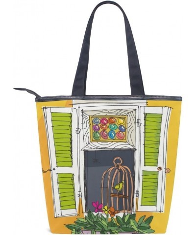 Tote Canvas Shoulder Bag Doodle Window Flower Bird Womens Handbag $10.56 Shoulder Bags