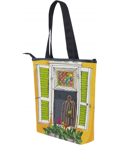 Tote Canvas Shoulder Bag Doodle Window Flower Bird Womens Handbag $10.56 Shoulder Bags