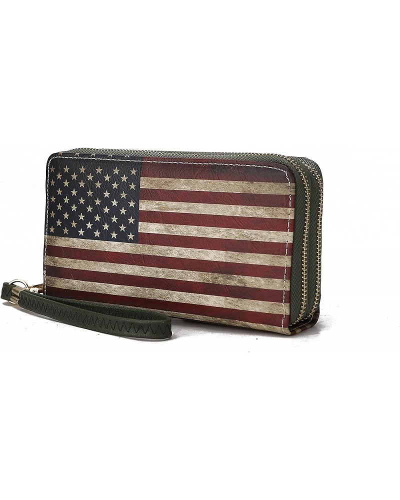 USA Wristlet Wallet for Women's, American Flag Vegan Leather Double Zipper Multi Pocket Small Patriotic Purse Uriel Green $12...