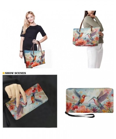 Womens Handbag with Matching Wallet, Large Top Handle Purse Shoulder Tote Bag with PU Clutch Wallet Purse Hummingbird Flower-...