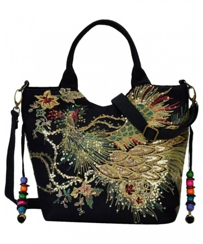 Women's Phoenix Embroidery Tote Handbags,Ethnic Retro Glitter Sequins Decorative Pendants Canvas Shoulder Hobo Bags Black $29...