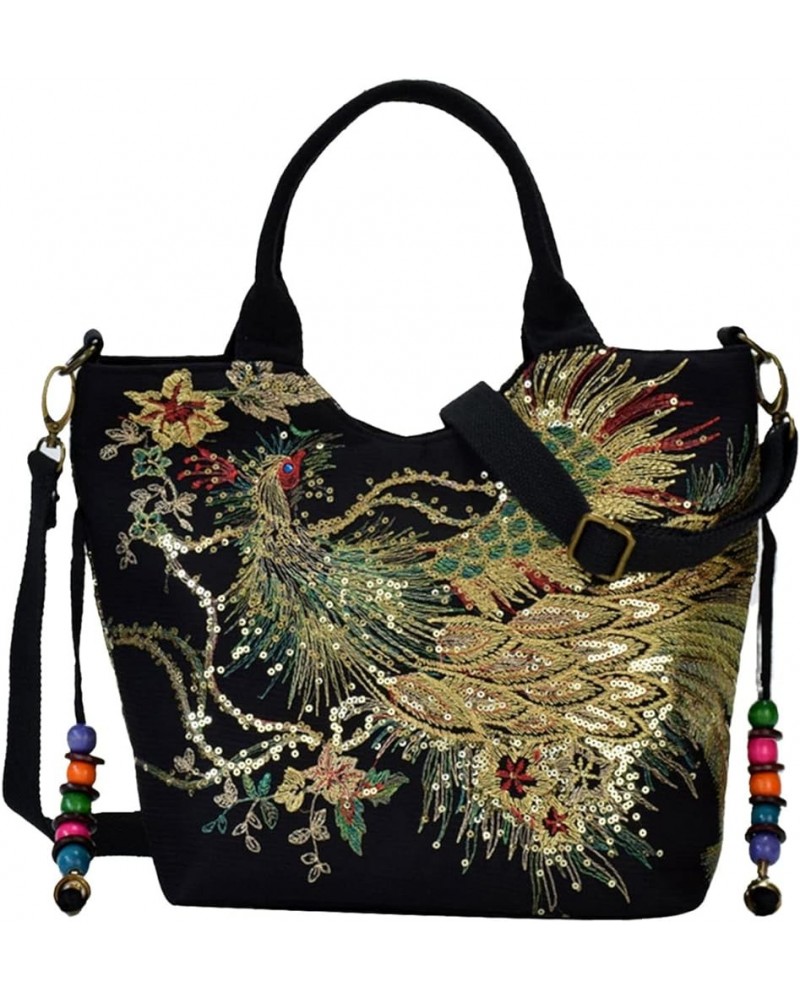 Women's Phoenix Embroidery Tote Handbags,Ethnic Retro Glitter Sequins Decorative Pendants Canvas Shoulder Hobo Bags Black $29...