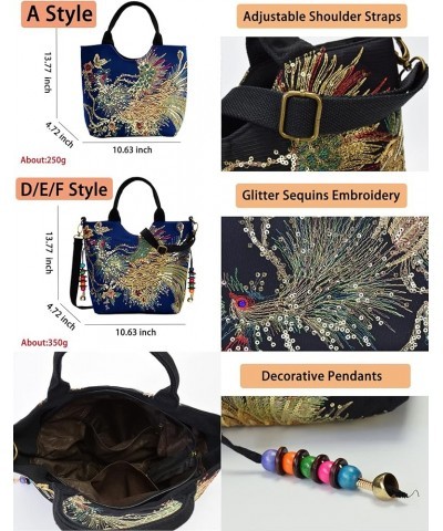 Women's Phoenix Embroidery Tote Handbags,Ethnic Retro Glitter Sequins Decorative Pendants Canvas Shoulder Hobo Bags Black $29...