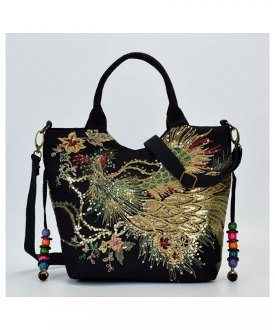 Women's Phoenix Embroidery Tote Handbags,Ethnic Retro Glitter Sequins Decorative Pendants Canvas Shoulder Hobo Bags Black $29...