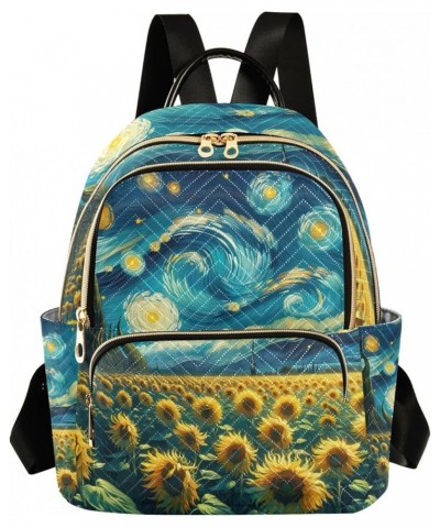 Quilted Backpack for Women Sunflowers at Starry Night Fashion Backpack for Women Travel Backpack with Luggage Strap Sunflower...