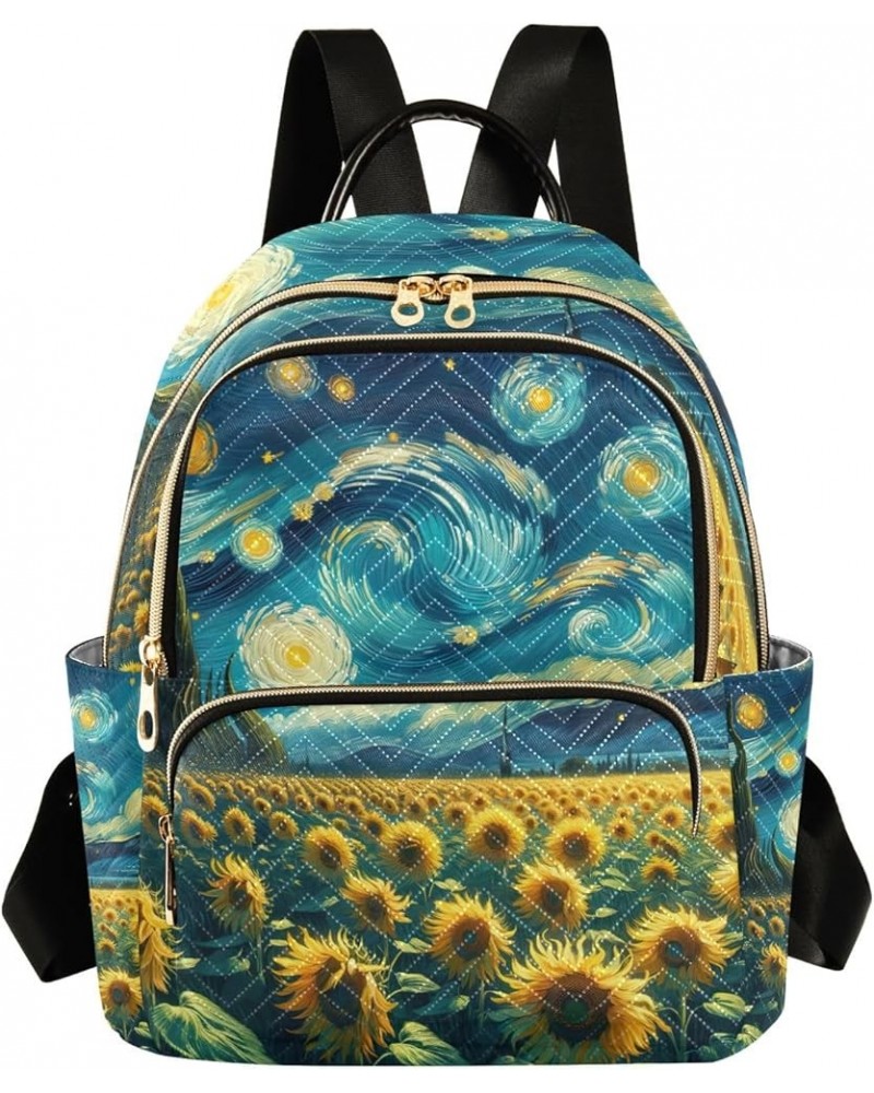 Quilted Backpack for Women Sunflowers at Starry Night Fashion Backpack for Women Travel Backpack with Luggage Strap Sunflower...