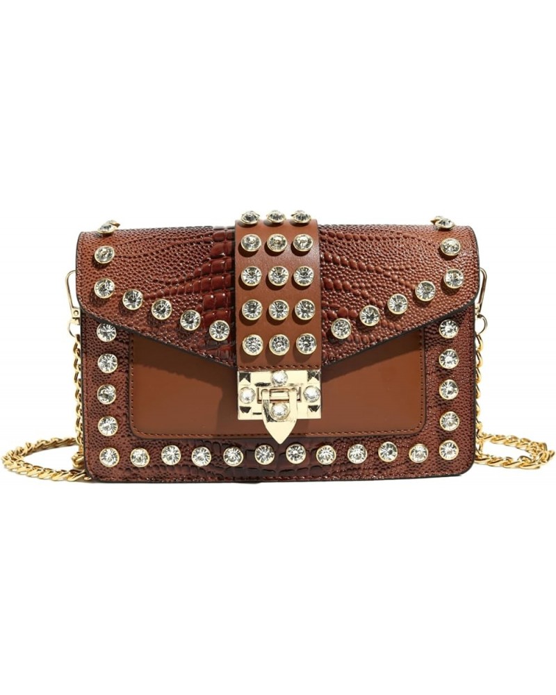 Crossbody Bags for Women Crystal Rivet Shoulder Bag Trendy Handbag and Purses Clutch Bag with Chain Strap Brown $17.59 Crossb...