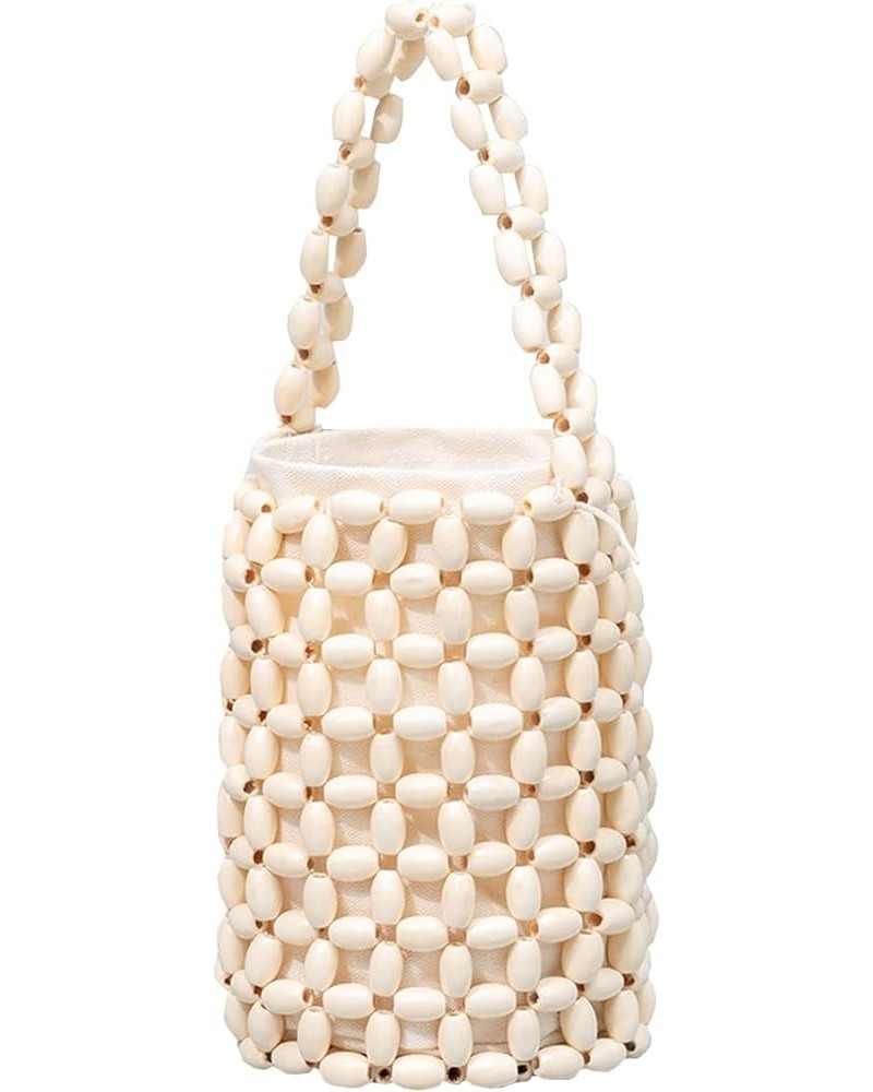 Women Hand-woven Bag Wooden Bead Bag Small Woven Handbag White $20.24 Shoulder Bags