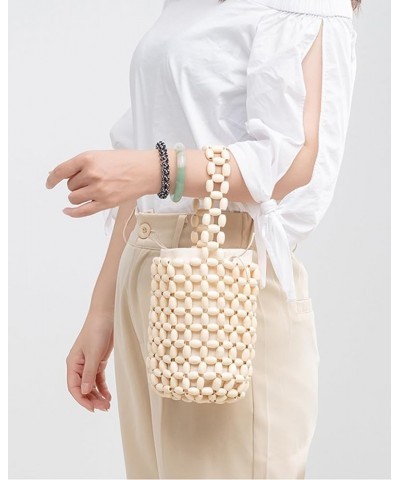 Women Hand-woven Bag Wooden Bead Bag Small Woven Handbag White $20.24 Shoulder Bags