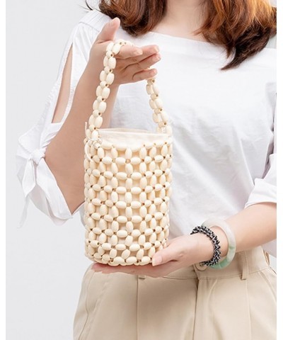 Women Hand-woven Bag Wooden Bead Bag Small Woven Handbag White $20.24 Shoulder Bags