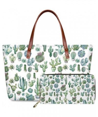 Women Satchel Handbags Shoulder Purses Totes Work Bags with Leather Wallet 2-Piece Set Green Cactus Print $16.45 Wristlets