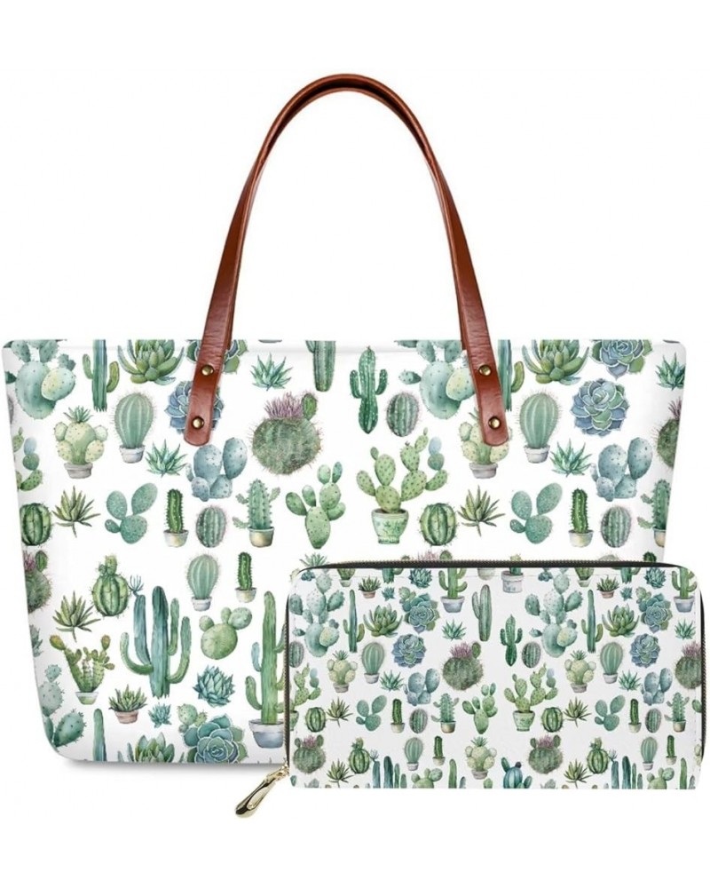 Women Satchel Handbags Shoulder Purses Totes Work Bags with Leather Wallet 2-Piece Set Green Cactus Print $16.45 Wristlets