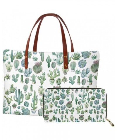 Women Satchel Handbags Shoulder Purses Totes Work Bags with Leather Wallet 2-Piece Set Green Cactus Print $16.45 Wristlets