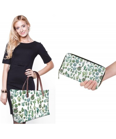 Women Satchel Handbags Shoulder Purses Totes Work Bags with Leather Wallet 2-Piece Set Green Cactus Print $16.45 Wristlets