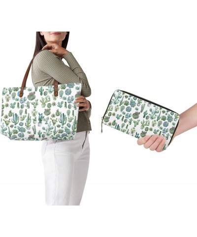 Women Satchel Handbags Shoulder Purses Totes Work Bags with Leather Wallet 2-Piece Set Green Cactus Print $16.45 Wristlets