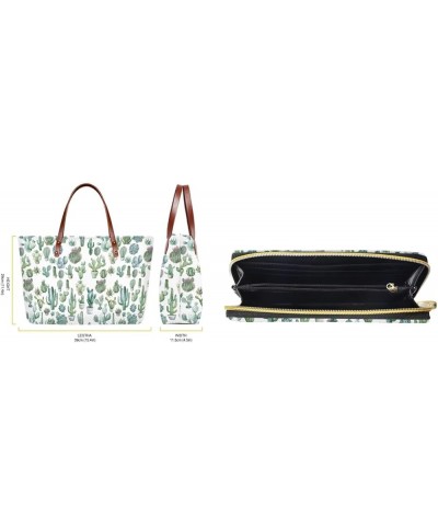 Women Satchel Handbags Shoulder Purses Totes Work Bags with Leather Wallet 2-Piece Set Green Cactus Print $16.45 Wristlets