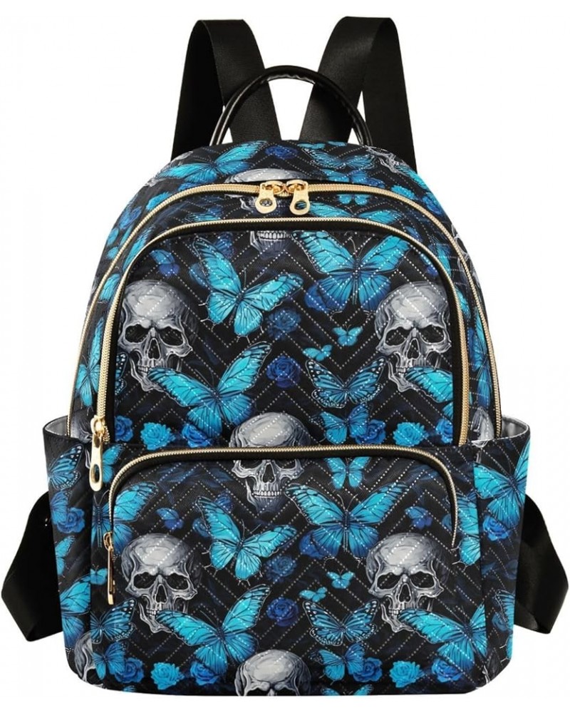 Sugar Skull Blue Butterfly Backpack for Women Fashion Shoulder Bags Small Casual Daypack Travel Bag S 202a5061 S(10.23"x5.11"...