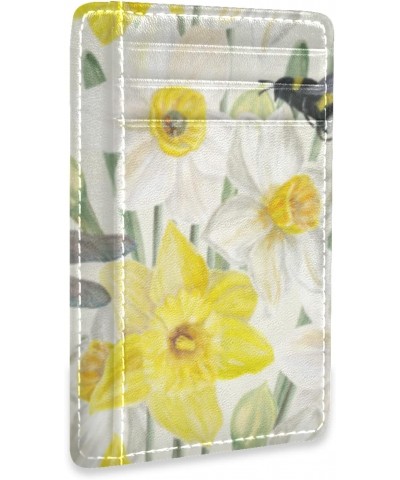 Yellow And White Daffodils With Dragonfly Slim Minimalist Wallets Rfid Blocking Card Wallets PU Leather Front Pocket Wallets ...