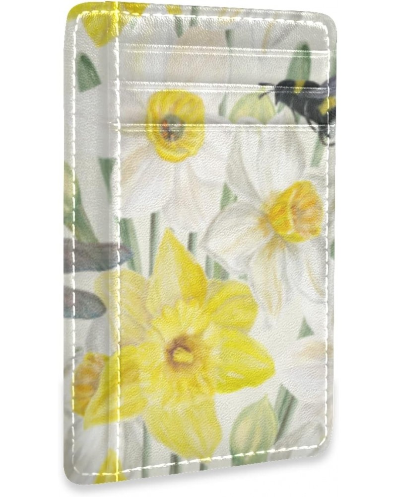 Yellow And White Daffodils With Dragonfly Slim Minimalist Wallets Rfid Blocking Card Wallets PU Leather Front Pocket Wallets ...