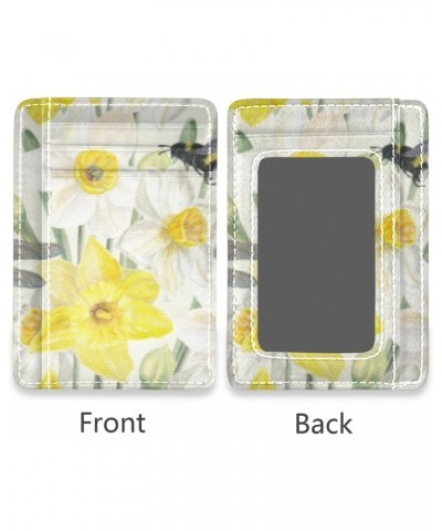 Yellow And White Daffodils With Dragonfly Slim Minimalist Wallets Rfid Blocking Card Wallets PU Leather Front Pocket Wallets ...