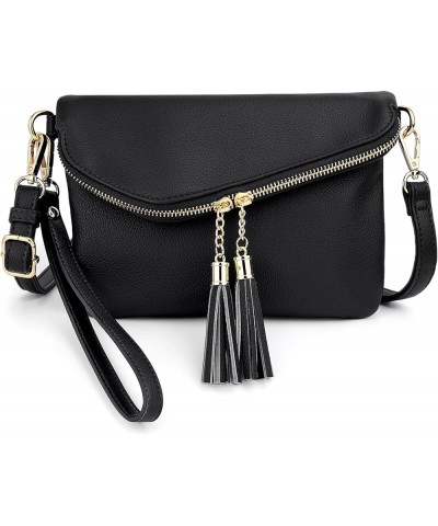 Envelope Wristlet Clutch Crossbody Bag for Women Double Tassel Cellphone Trendy Purse with Strap and Zip Pocket Ace Black $10...