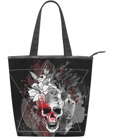 Tote Canvas Shoulder Bag Vintage Floral Skull Womens Handbag $9.60 Shoulder Bags