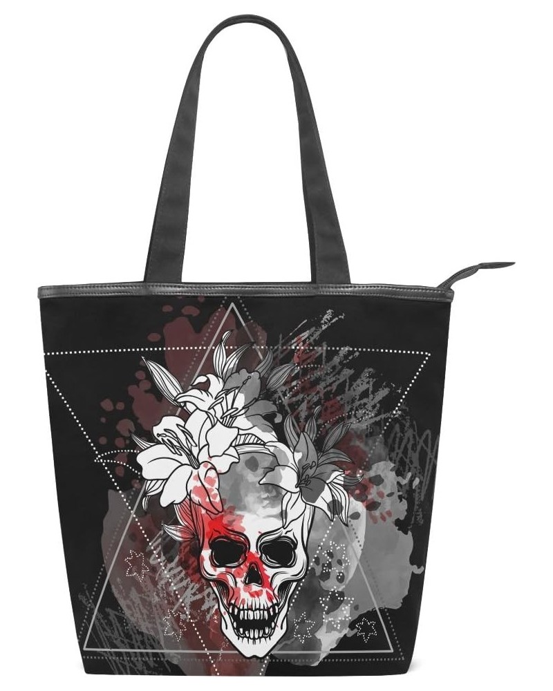 Tote Canvas Shoulder Bag Vintage Floral Skull Womens Handbag $9.60 Shoulder Bags