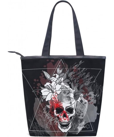 Tote Canvas Shoulder Bag Vintage Floral Skull Womens Handbag $9.60 Shoulder Bags