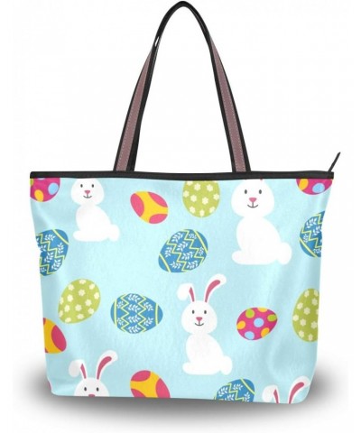 Women Top Handle Tote Bag White Easter Bunny With Eggs Shoulder Bag Handbag $15.38 Shoulder Bags