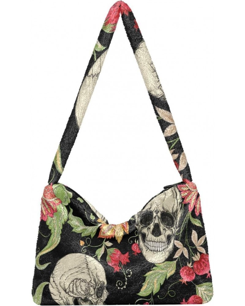 Skulls Vintage Flowers Furry Tote Bag for Women Crossbody Bag Shoulder Purse Hobo Tote Handbag with Zipper for Autumn Winter ...