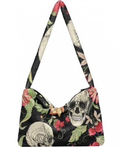 Skulls Vintage Flowers Furry Tote Bag for Women Crossbody Bag Shoulder Purse Hobo Tote Handbag with Zipper for Autumn Winter ...