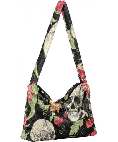 Skulls Vintage Flowers Furry Tote Bag for Women Crossbody Bag Shoulder Purse Hobo Tote Handbag with Zipper for Autumn Winter ...