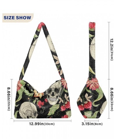 Skulls Vintage Flowers Furry Tote Bag for Women Crossbody Bag Shoulder Purse Hobo Tote Handbag with Zipper for Autumn Winter ...