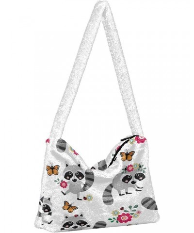 Raccoon Butterfly Floral Plush Shoulder Bag Furry Tote Handbag Purse Faux Fur Crossbody Bag for Women $9.90 Shoulder Bags