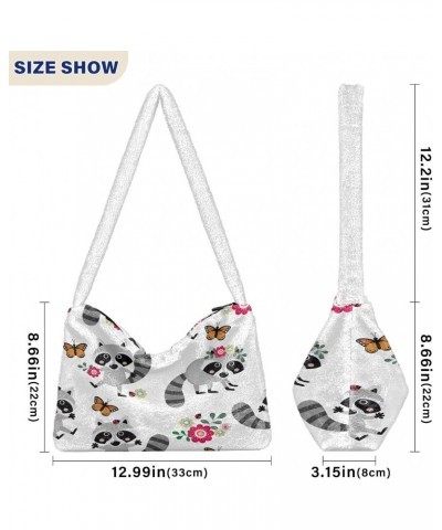 Raccoon Butterfly Floral Plush Shoulder Bag Furry Tote Handbag Purse Faux Fur Crossbody Bag for Women $9.90 Shoulder Bags