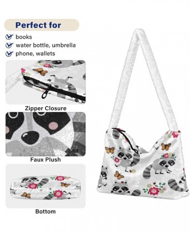 Raccoon Butterfly Floral Plush Shoulder Bag Furry Tote Handbag Purse Faux Fur Crossbody Bag for Women $9.90 Shoulder Bags