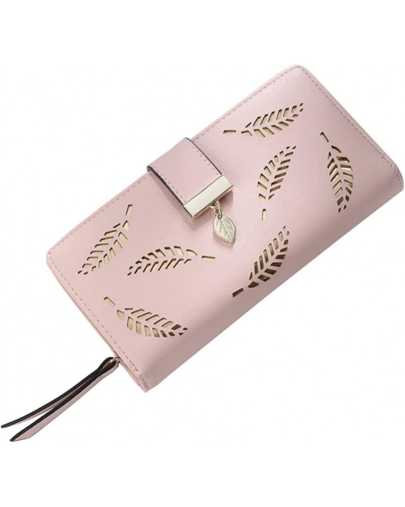 Women Hollow Leaves Long Leather Purse Elegant Clutch Wallet Buckle Clutch Wristlet Wallet for Card Cash Holding (Coffee) Ros...