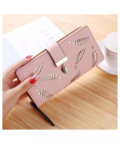 Women Hollow Leaves Long Leather Purse Elegant Clutch Wallet Buckle Clutch Wristlet Wallet for Card Cash Holding (Coffee) Ros...