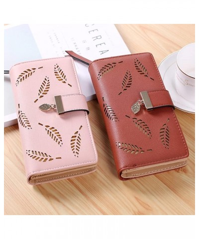 Women Hollow Leaves Long Leather Purse Elegant Clutch Wallet Buckle Clutch Wristlet Wallet for Card Cash Holding (Coffee) Ros...