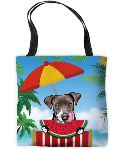 Summer Watermelon Canvas Tote Bags Peeking Dog Pit Bull Funny Puppy Palm Tree Parasol Beach Chair Vocation Handbags Pit Bull ...