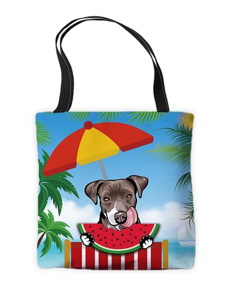 Summer Watermelon Canvas Tote Bags Peeking Dog Pit Bull Funny Puppy Palm Tree Parasol Beach Chair Vocation Handbags Pit Bull ...