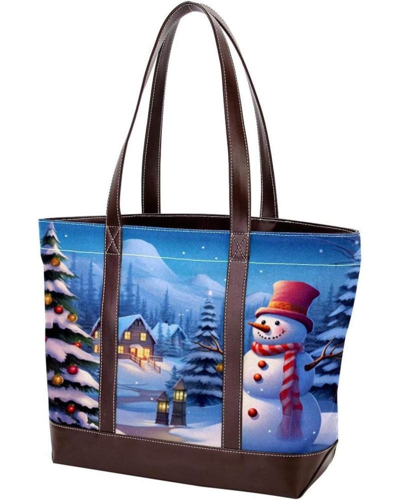 Womens Handbags, Faux Leather Strap and Bottom, Canvas Tote Bag, Christmas Tree and Snowman $21.51 Totes