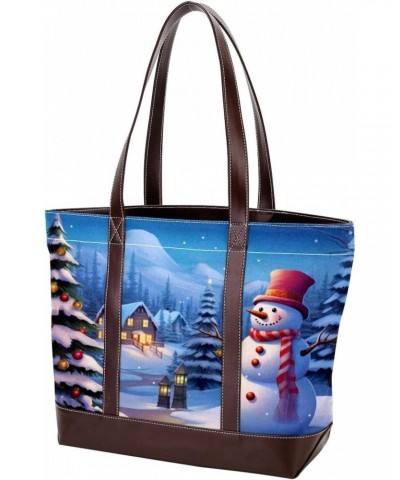 Womens Handbags, Faux Leather Strap and Bottom, Canvas Tote Bag, Christmas Tree and Snowman $21.51 Totes